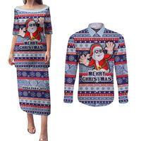 Custom Fiji Christmas Couples Matching Puletasi Dress and Long Sleeve Button Shirts Fijian Santa and Coat of Arms Mix Tapa Pattern Striped Style LT03 Blue - Polynesian Pride