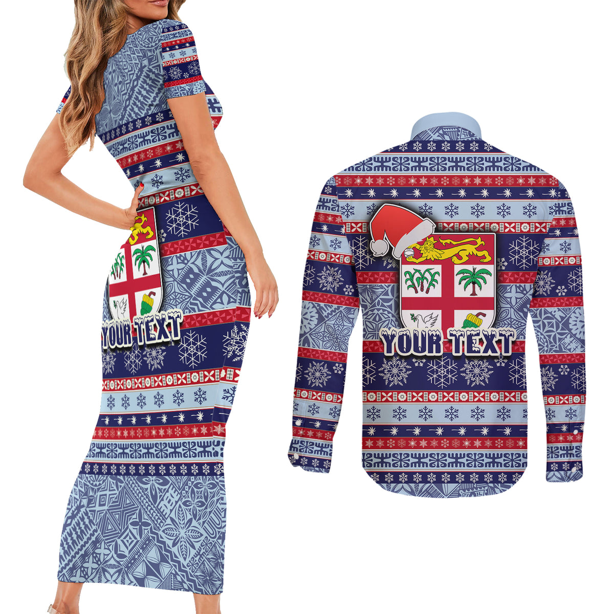 Custom Fiji Christmas Couples Matching Short Sleeve Bodycon Dress and Long Sleeve Button Shirts Fijian Santa and Coat of Arms Mix Tapa Pattern Striped Style LT03 - Polynesian Pride