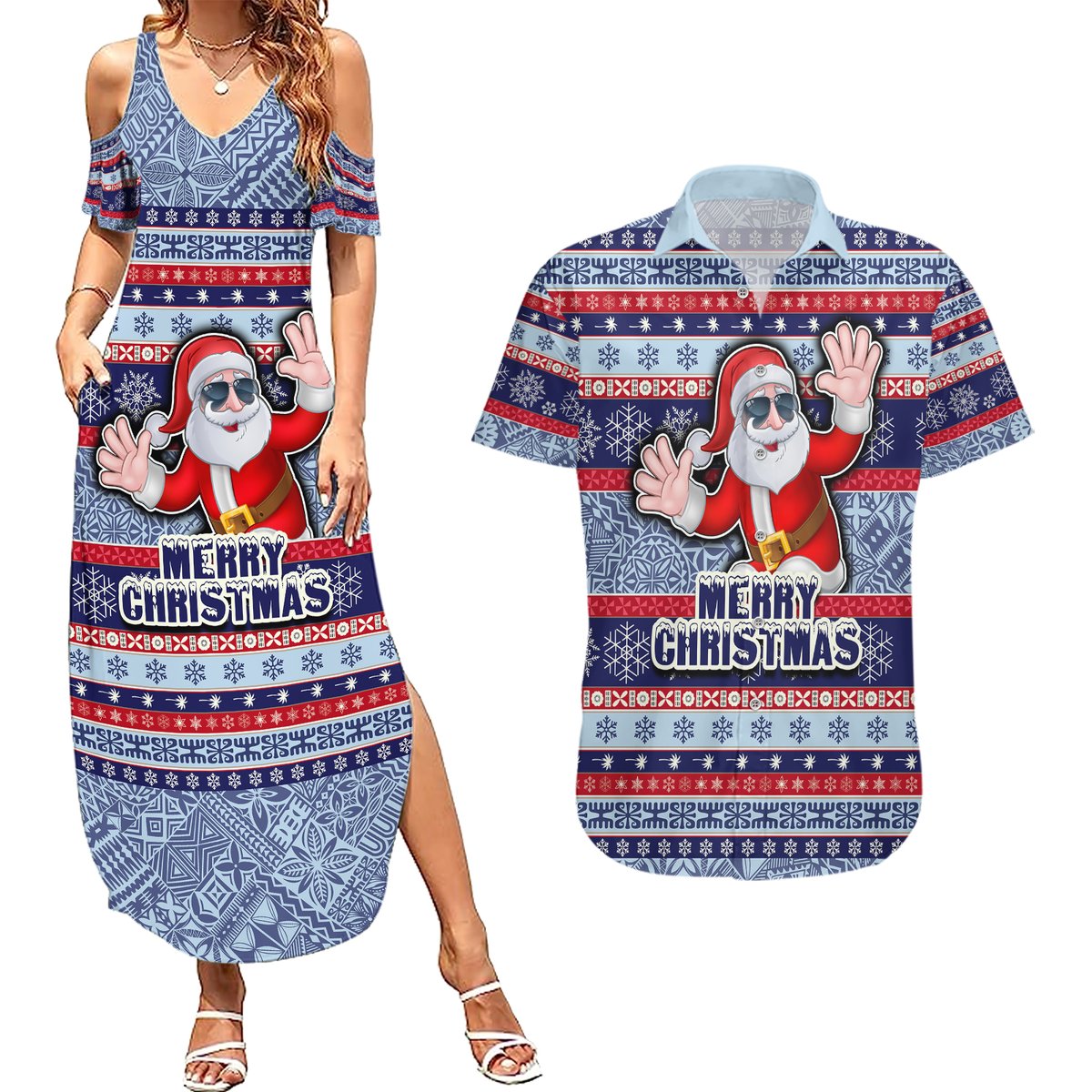 Custom Fiji Christmas Couples Matching Summer Maxi Dress and Hawaiian Shirt Fijian Santa and Coat of Arms Mix Tapa Pattern Striped Style LT03 Blue - Polynesian Pride