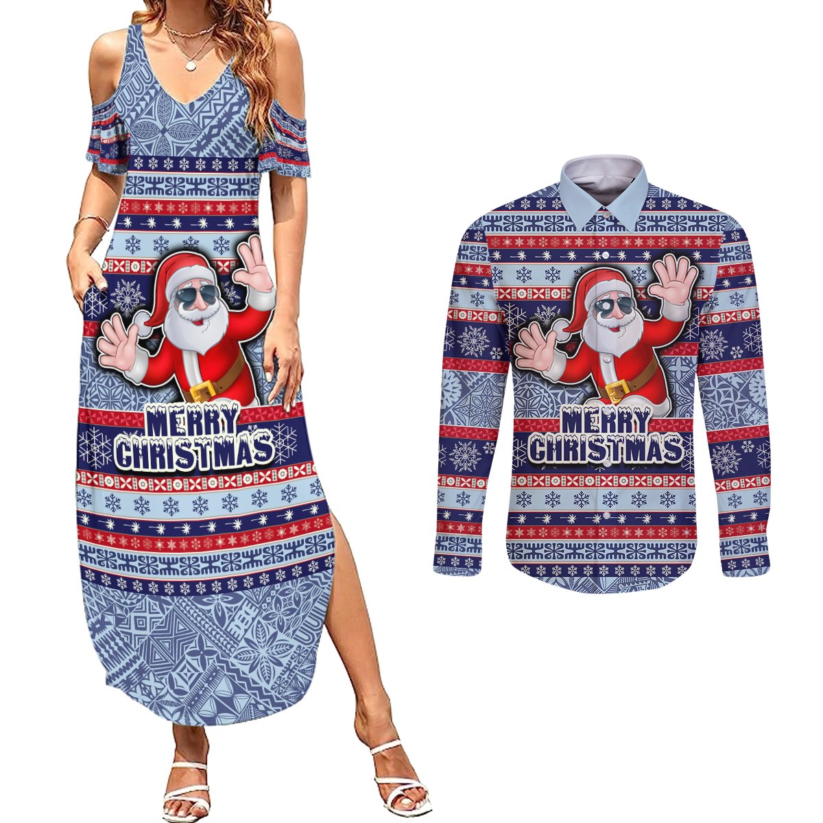 Custom Fiji Christmas Couples Matching Summer Maxi Dress and Long Sleeve Button Shirts Fijian Santa and Coat of Arms Mix Tapa Pattern Striped Style LT03 Blue - Polynesian Pride