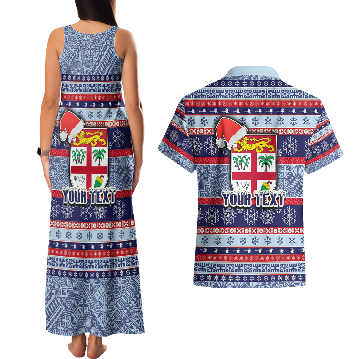 Custom Fiji Christmas Couples Matching Tank Maxi Dress and Hawaiian Shirt Fijian Santa and Coat of Arms Mix Tapa Pattern Striped Style LT03 - Polynesian Pride