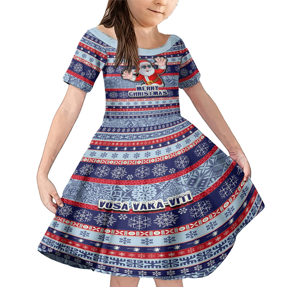 Custom Fiji Christmas Family Matching Mermaid Dress and Hawaiian Shirt Fijian Santa and Coat of Arms Mix Tapa Pattern Striped Style LT03 Daughter's Dress Blue - Polynesian Pride