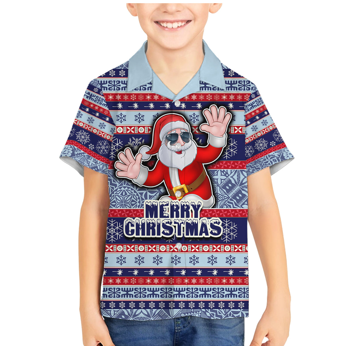 Custom Fiji Christmas Family Matching Mermaid Dress and Hawaiian Shirt Fijian Santa and Coat of Arms Mix Tapa Pattern Striped Style LT03 Son's Shirt Blue - Polynesian Pride