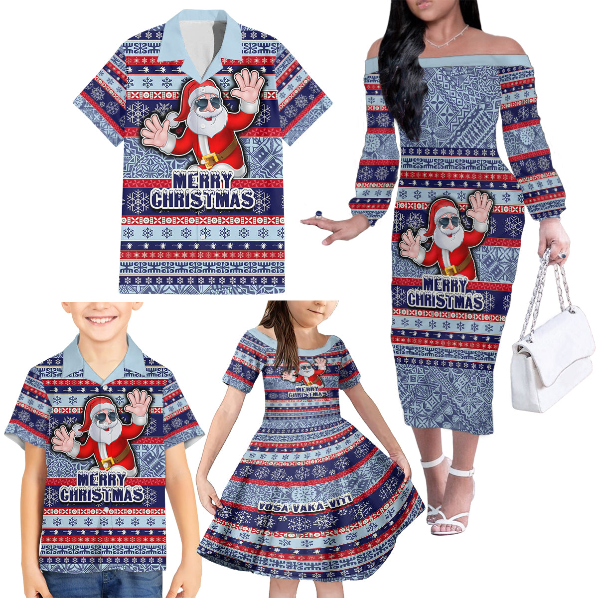 Custom Fiji Christmas Family Matching Off Shoulder Long Sleeve Dress and Hawaiian Shirt Fijian Santa and Coat of Arms Mix Tapa Pattern Striped Style LT03 - Polynesian Pride