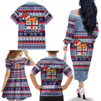 Custom Fiji Christmas Family Matching Off Shoulder Long Sleeve Dress and Hawaiian Shirt Fijian Santa and Coat of Arms Mix Tapa Pattern Striped Style LT03 - Polynesian Pride