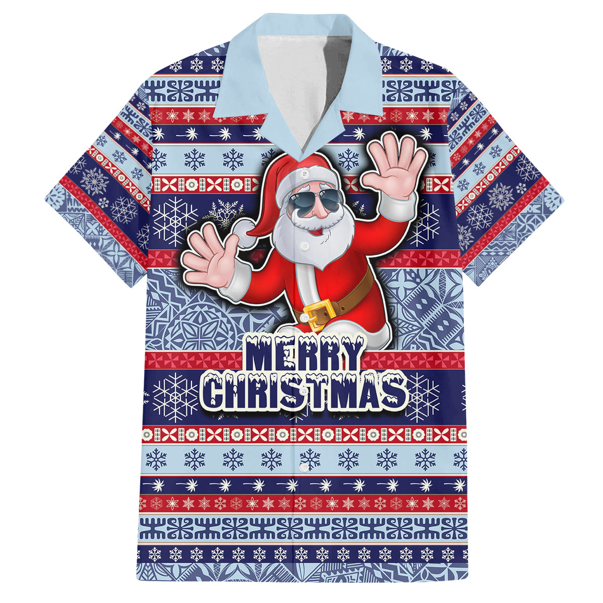 Custom Fiji Christmas Family Matching Off Shoulder Maxi Dress and Hawaiian Shirt Fijian Santa and Coat of Arms Mix Tapa Pattern Striped Style LT03 Dad's Shirt - Short Sleeve Blue - Polynesian Pride