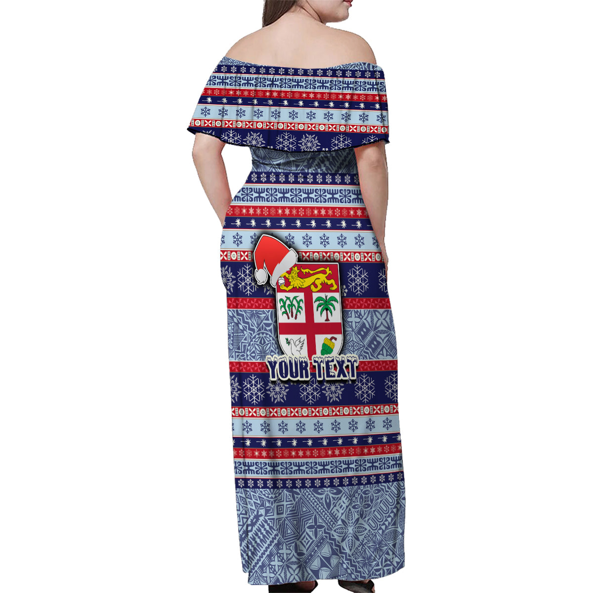Custom Fiji Christmas Family Matching Off Shoulder Maxi Dress and Hawaiian Shirt Fijian Santa and Coat of Arms Mix Tapa Pattern Striped Style LT03 - Polynesian Pride