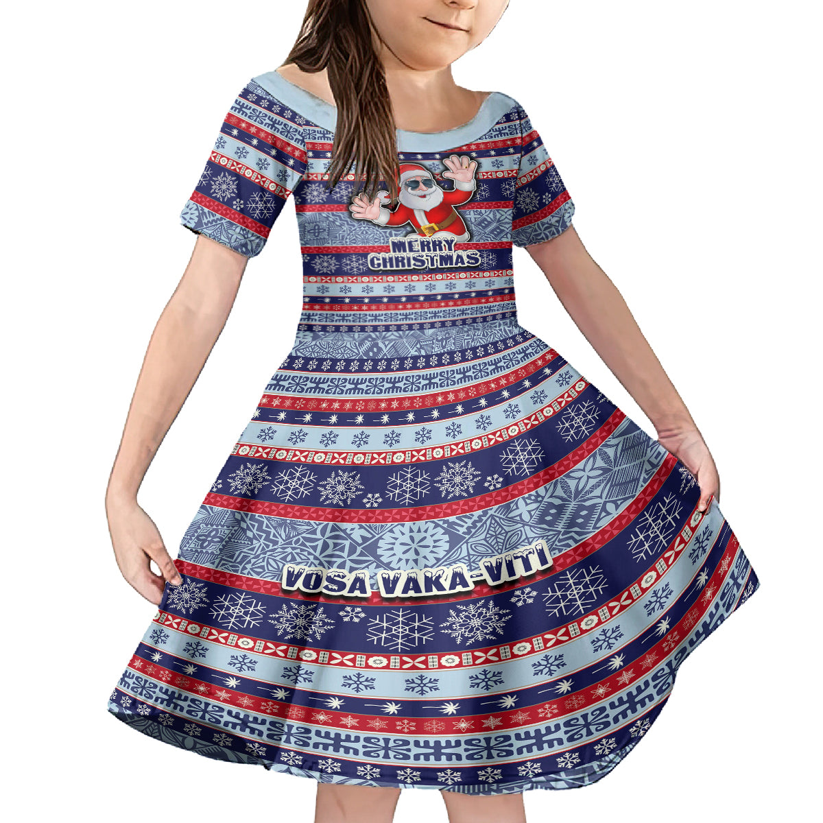 Custom Fiji Christmas Family Matching Off Shoulder Short Dress and Hawaiian Shirt Fijian Santa and Coat of Arms Mix Tapa Pattern Striped Style LT03 Daughter's Dress Blue - Polynesian Pride
