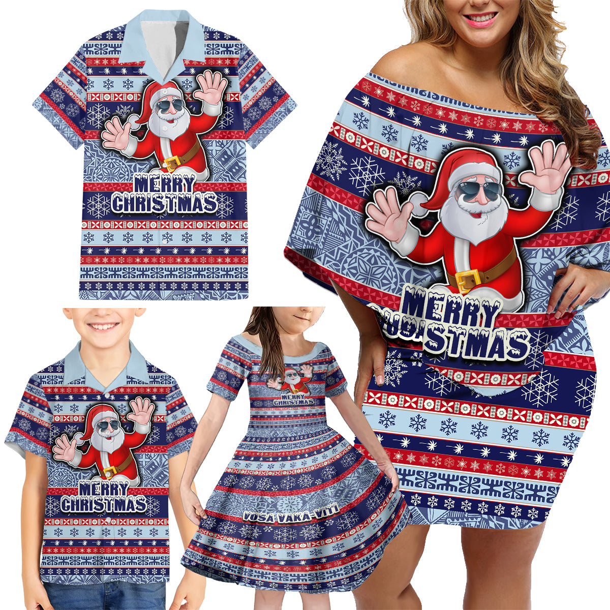 Custom Fiji Christmas Family Matching Off Shoulder Short Dress and Hawaiian Shirt Fijian Santa and Coat of Arms Mix Tapa Pattern Striped Style LT03 - Polynesian Pride