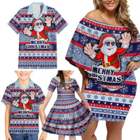 Custom Fiji Christmas Family Matching Off Shoulder Short Dress and Hawaiian Shirt Fijian Santa and Coat of Arms Mix Tapa Pattern Striped Style LT03 - Polynesian Pride