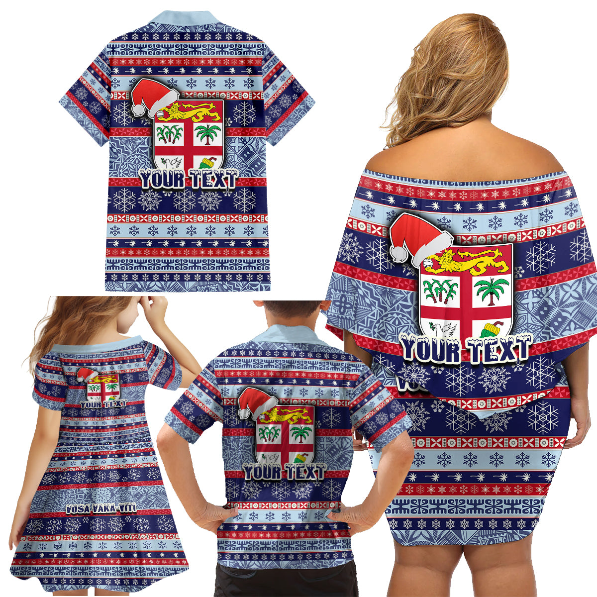 Custom Fiji Christmas Family Matching Off Shoulder Short Dress and Hawaiian Shirt Fijian Santa and Coat of Arms Mix Tapa Pattern Striped Style LT03 - Polynesian Pride