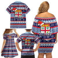 Custom Fiji Christmas Family Matching Off Shoulder Short Dress and Hawaiian Shirt Fijian Santa and Coat of Arms Mix Tapa Pattern Striped Style LT03 - Polynesian Pride
