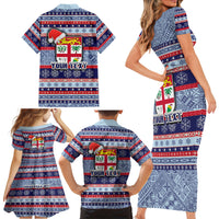 Custom Fiji Christmas Family Matching Short Sleeve Bodycon Dress and Hawaiian Shirt Fijian Santa and Coat of Arms Mix Tapa Pattern Striped Style LT03 - Polynesian Pride