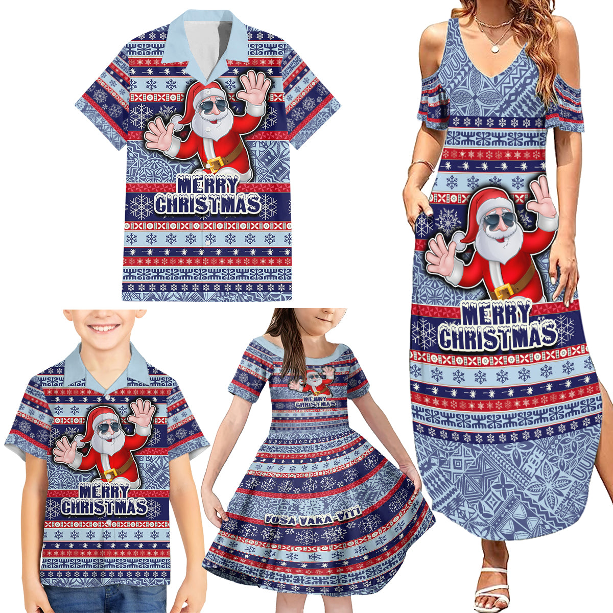 Custom Fiji Christmas Family Matching Summer Maxi Dress and Hawaiian Shirt Fijian Santa and Coat of Arms Mix Tapa Pattern Striped Style LT03 - Polynesian Pride