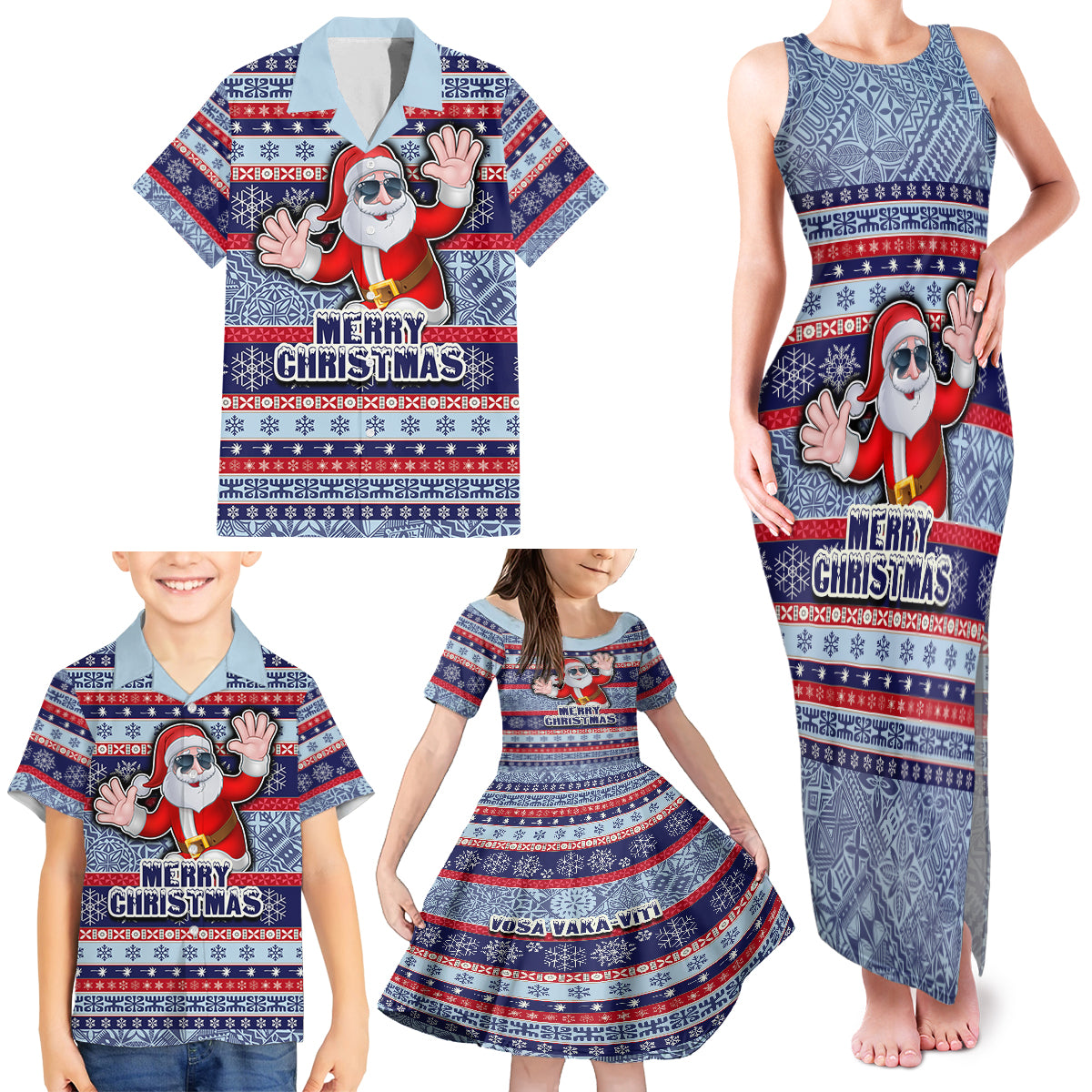 Custom Fiji Christmas Family Matching Tank Maxi Dress and Hawaiian Shirt Fijian Santa and Coat of Arms Mix Tapa Pattern Striped Style LT03 - Polynesian Pride