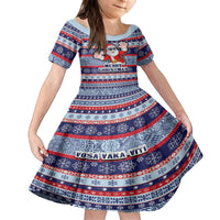 Custom Fiji Christmas Kid Short Sleeve Dress Fijian Santa and Coat of Arms Mix Tapa Pattern Striped Style LT03 KID Blue - Polynesian Pride