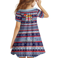 Custom Fiji Christmas Kid Short Sleeve Dress Fijian Santa and Coat of Arms Mix Tapa Pattern Striped Style LT03 - Polynesian Pride