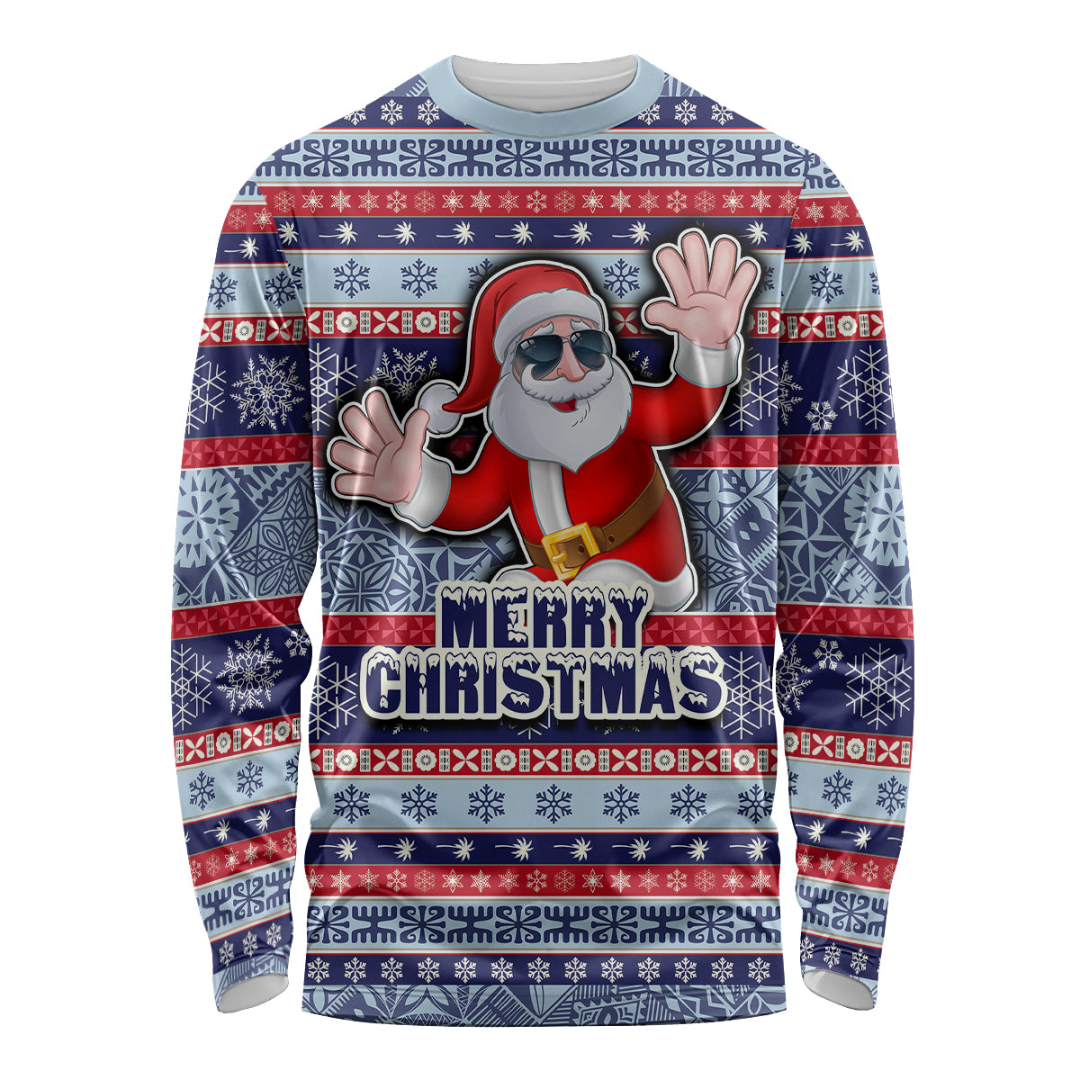 Custom Fiji Christmas Long Sleeve Shirt Fijian Santa and Coat of Arms Mix Tapa Pattern Striped Style LT03 Unisex Blue - Polynesian Pride