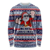 Custom Fiji Christmas Long Sleeve Shirt Fijian Santa and Coat of Arms Mix Tapa Pattern Striped Style LT03 Unisex Blue - Polynesian Pride