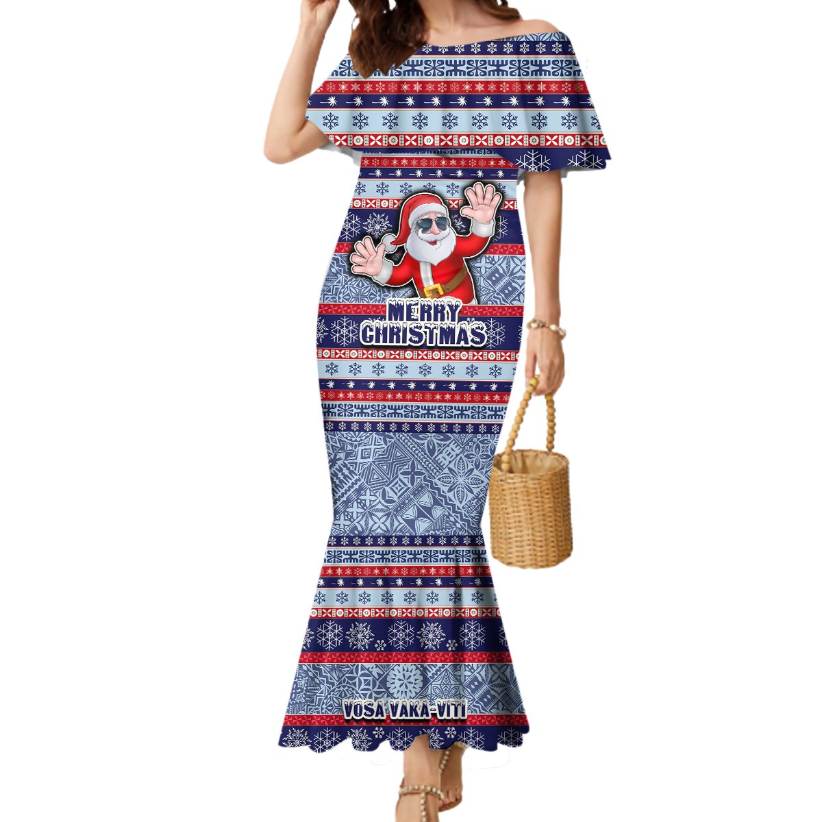 Custom Fiji Christmas Mermaid Dress Fijian Santa and Coat of Arms Mix Tapa Pattern Striped Style LT03 Women Blue - Polynesian Pride