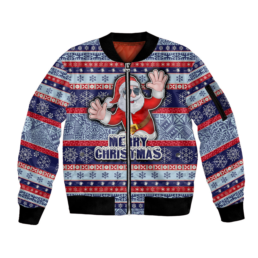 Custom Fiji Christmas Sleeve Zip Bomber Jacket Fijian Santa and Coat of Arms Mix Tapa Pattern Striped Style LT03 Unisex Blue - Polynesian Pride