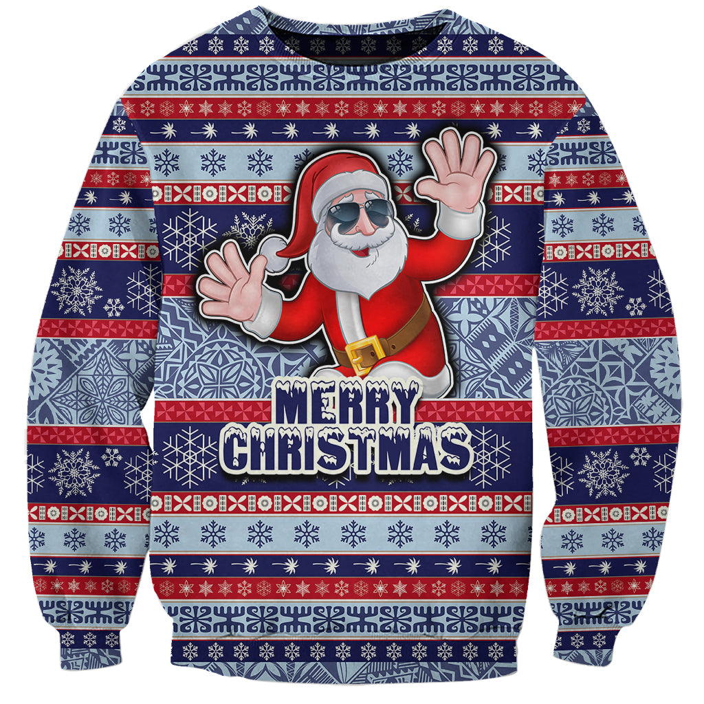 Custom Fiji Christmas Sweatshirt Fijian Santa and Coat of Arms Mix Tapa Pattern Striped Style LT03 Unisex Blue - Polynesian Pride
