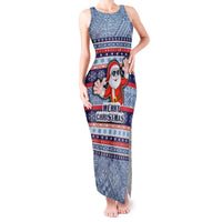 Custom Fiji Christmas Tank Maxi Dress Fijian Santa and Coat of Arms Mix Tapa Pattern Striped Style LT03 Women Blue - Polynesian Pride