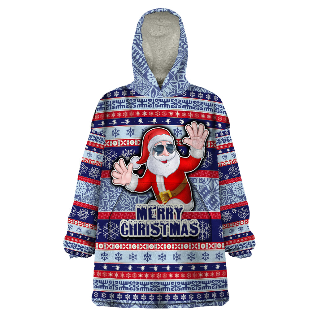 Custom Fiji Christmas Wearable Blanket Hoodie Fijian Santa and Coat of Arms Mix Tapa Pattern Striped Style LT03 One Size Blue - Polynesian Pride