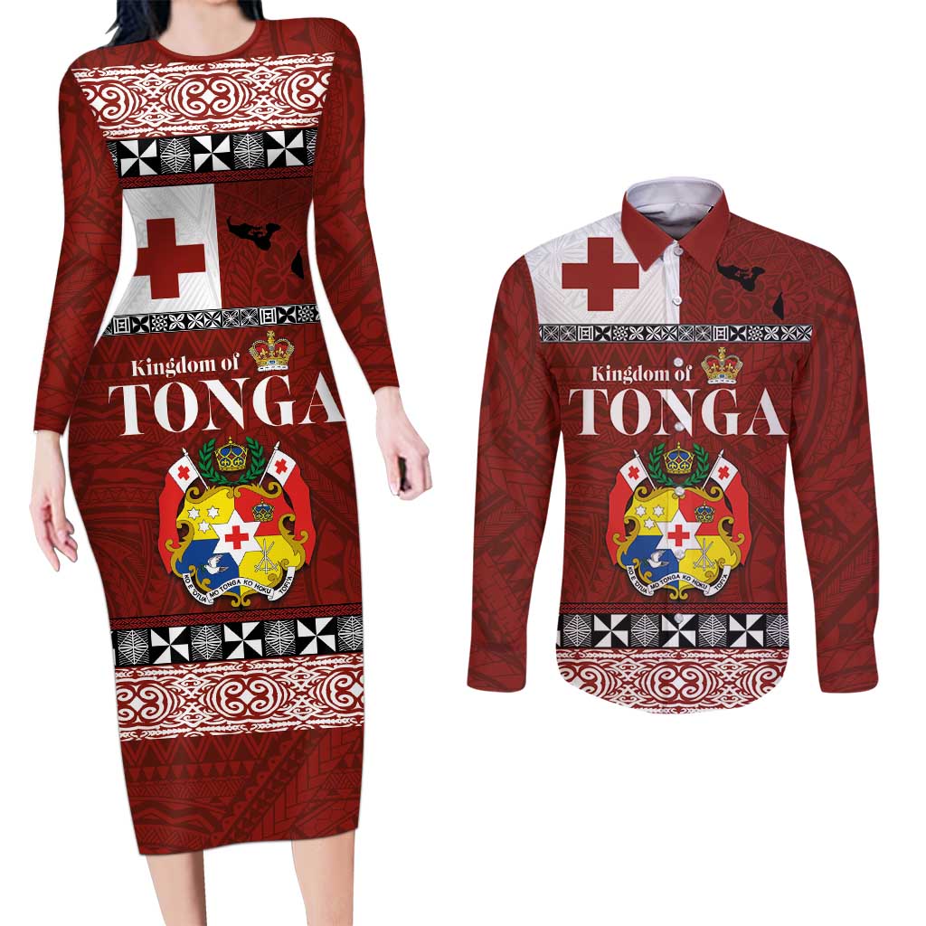 Tongan Culture Couples Matching Long Sleeve Bodycon Dress and Long Sleeve Button Shirt Ngatu Art Tattoo and Emblem of Tonga LT03 Red - Polynesian Pride
