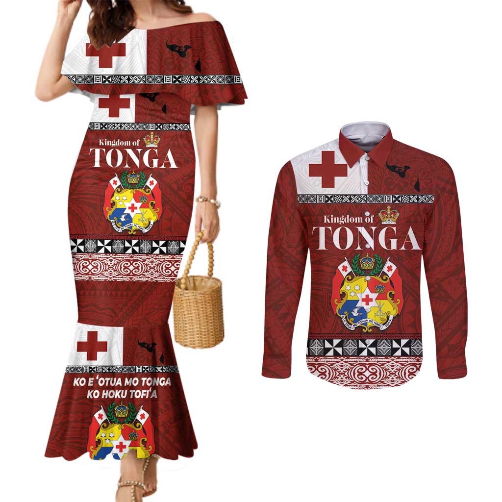 Tongan Culture Couples Matching Mermaid Dress and Long Sleeve Button Shirt Ngatu Art Tattoo and Emblem of Tonga LT03 Red - Polynesian Pride