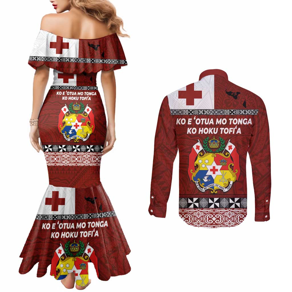 Tongan Culture Couples Matching Mermaid Dress and Long Sleeve Button Shirt Ngatu Art Tattoo and Emblem of Tonga LT03 - Polynesian Pride