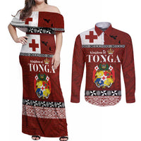 Tongan Culture Couples Matching Off Shoulder Maxi Dress and Long Sleeve Button Shirt Ngatu Art Tattoo and Emblem of Tonga LT03 Red - Polynesian Pride