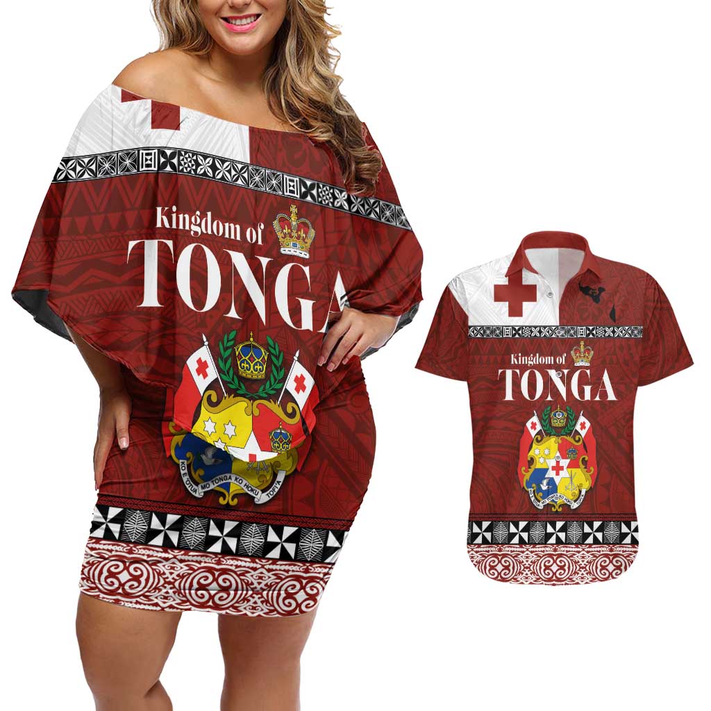Tongan Culture Couples Matching Off Shoulder Short Dress and Hawaiian Shirt Ngatu Art Tattoo and Emblem of Tonga LT03 Red - Polynesian Pride