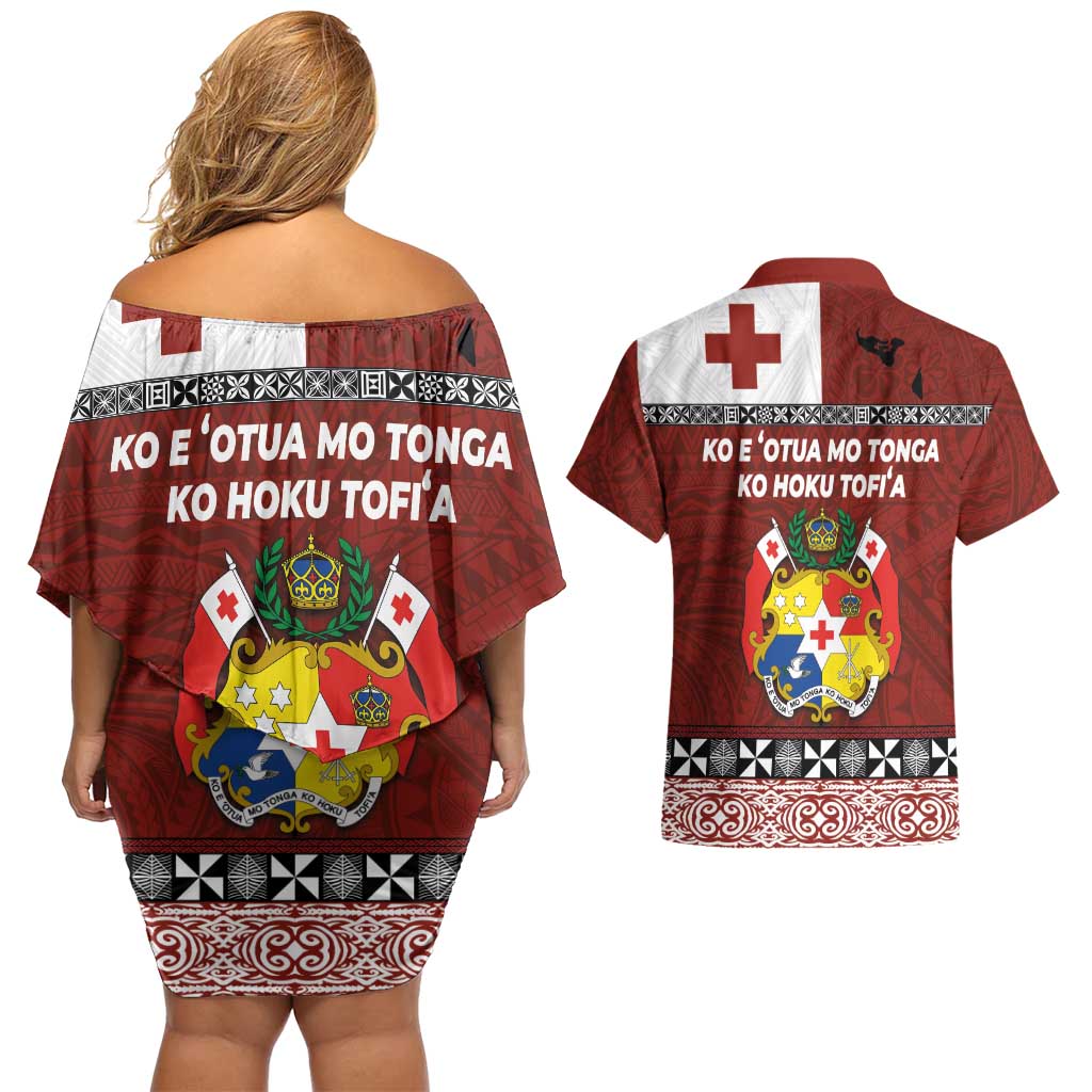 Tongan Culture Couples Matching Off Shoulder Short Dress and Hawaiian Shirt Ngatu Art Tattoo and Emblem of Tonga LT03 - Polynesian Pride
