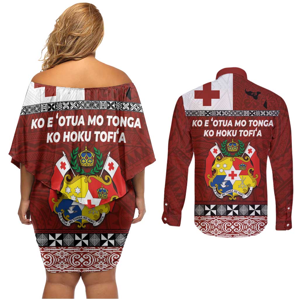 Tongan Culture Couples Matching Off Shoulder Short Dress and Long Sleeve Button Shirt Ngatu Art Tattoo and Emblem of Tonga LT03 - Polynesian Pride