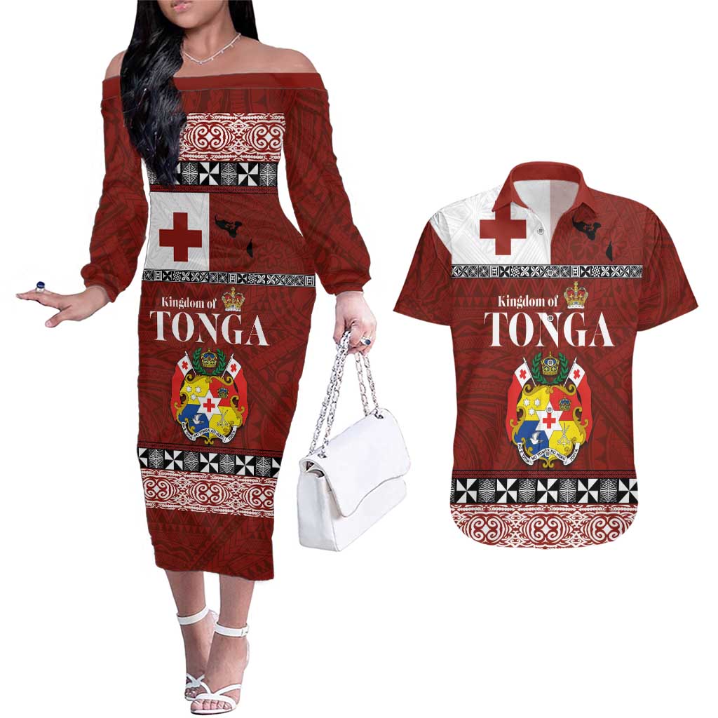 Tongan Culture Couples Matching Off The Shoulder Long Sleeve Dress and Hawaiian Shirt Ngatu Art Tattoo and Emblem of Tonga LT03 Red - Polynesian Pride