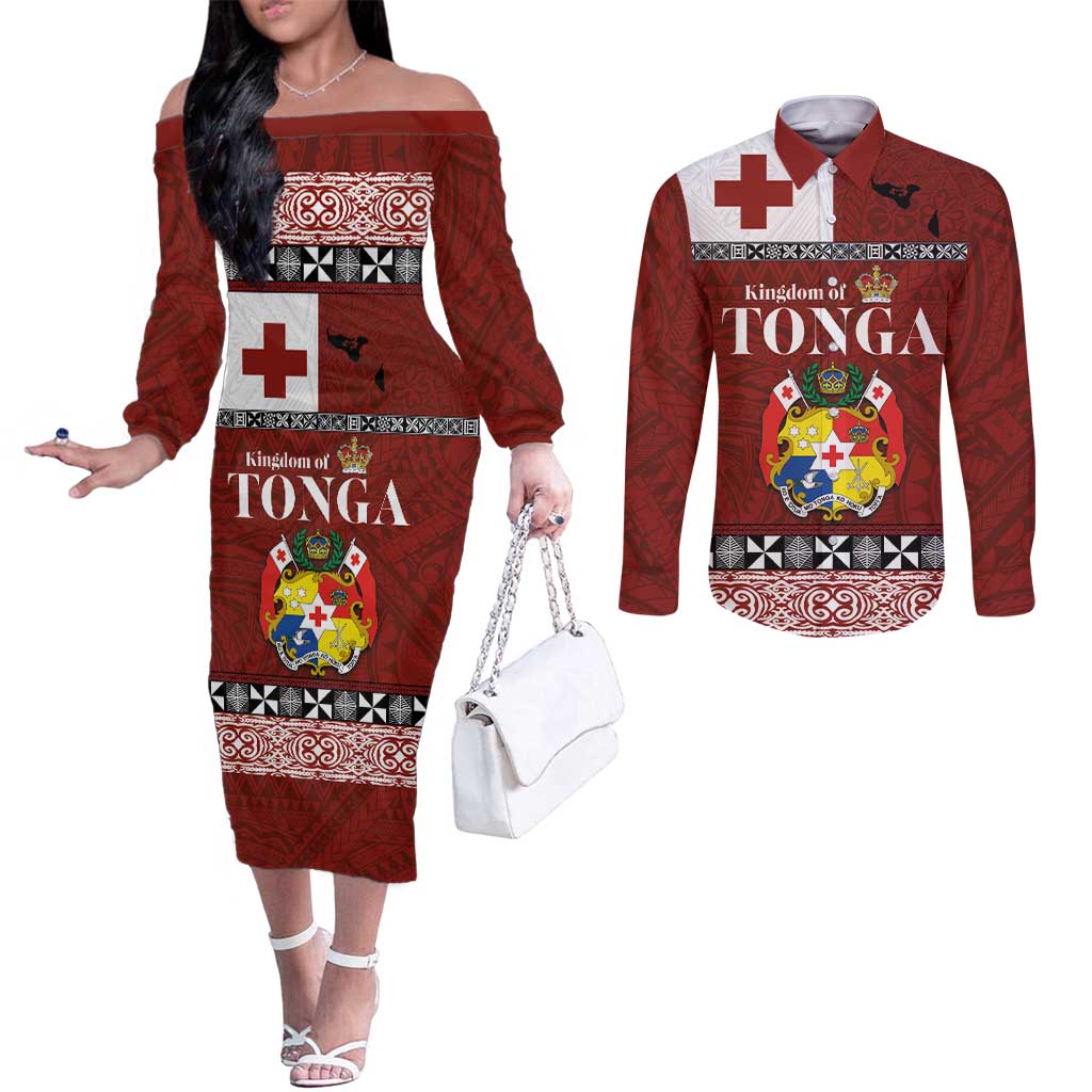 Tongan Culture Couples Matching Off The Shoulder Long Sleeve Dress and Long Sleeve Button Shirt Ngatu Art Tattoo and Emblem of Tonga LT03 Red - Polynesian Pride