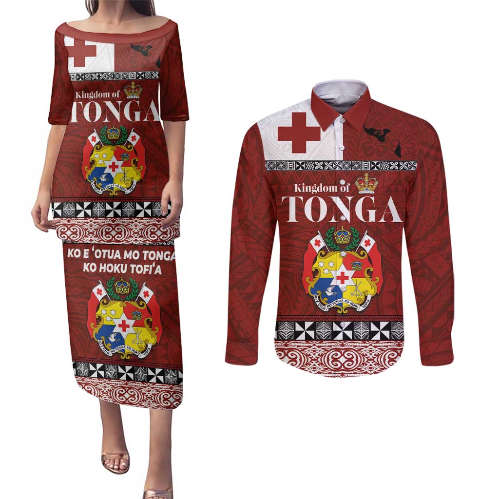 Tongan Culture Couples Matching Puletasi and Long Sleeve Button Shirt Ngatu Art Tattoo and Emblem of Tonga LT03 Red - Polynesian Pride
