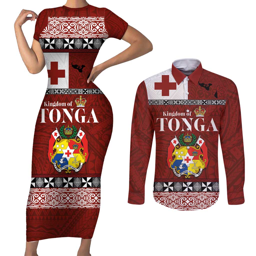 Tongan Culture Couples Matching Short Sleeve Bodycon Dress and Long Sleeve Button Shirt Ngatu Art Tattoo and Emblem of Tonga LT03 Red - Polynesian Pride
