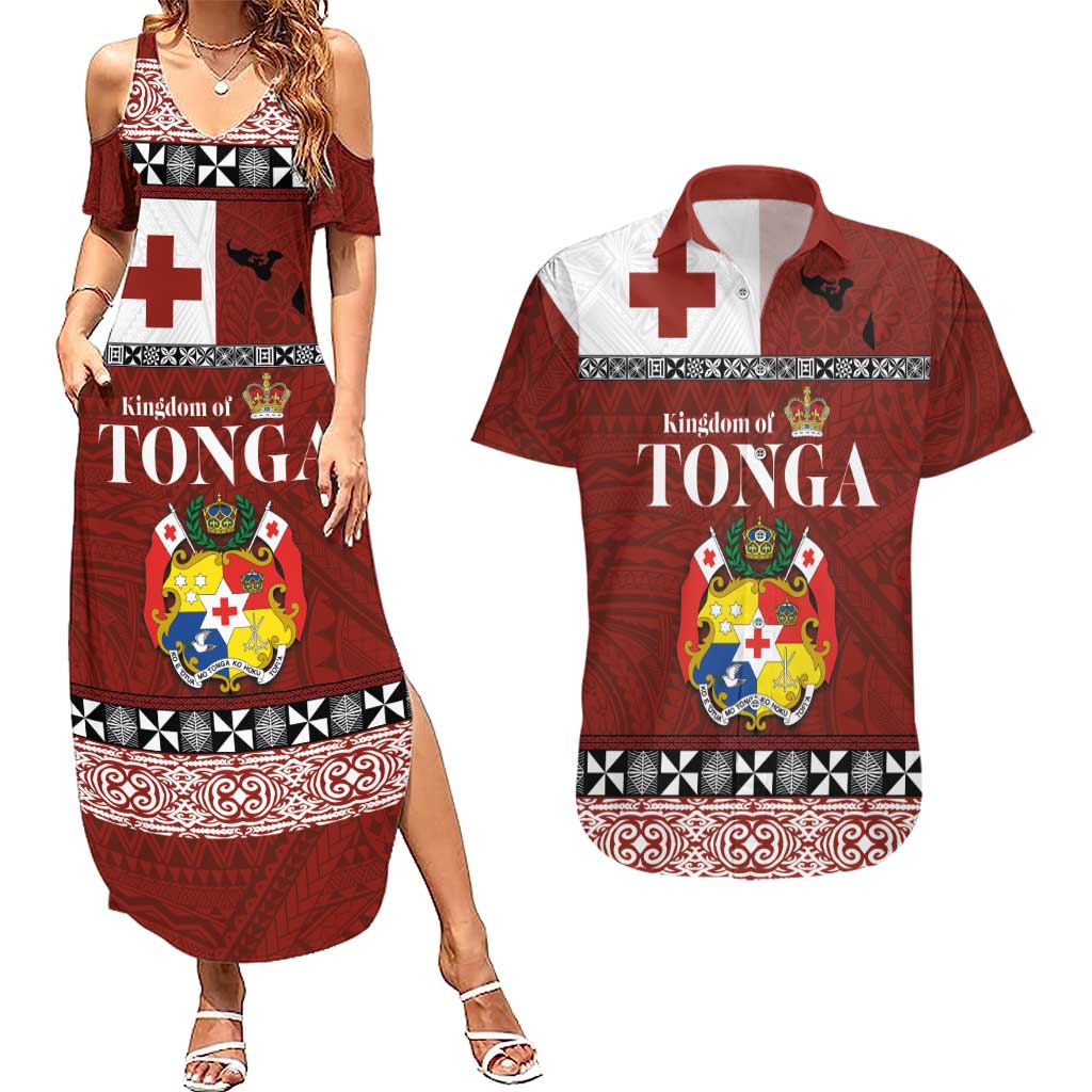 Tongan Culture Couples Matching Summer Maxi Dress and Hawaiian Shirt Ngatu Art Tattoo and Emblem of Tonga LT03 Red - Polynesian Pride