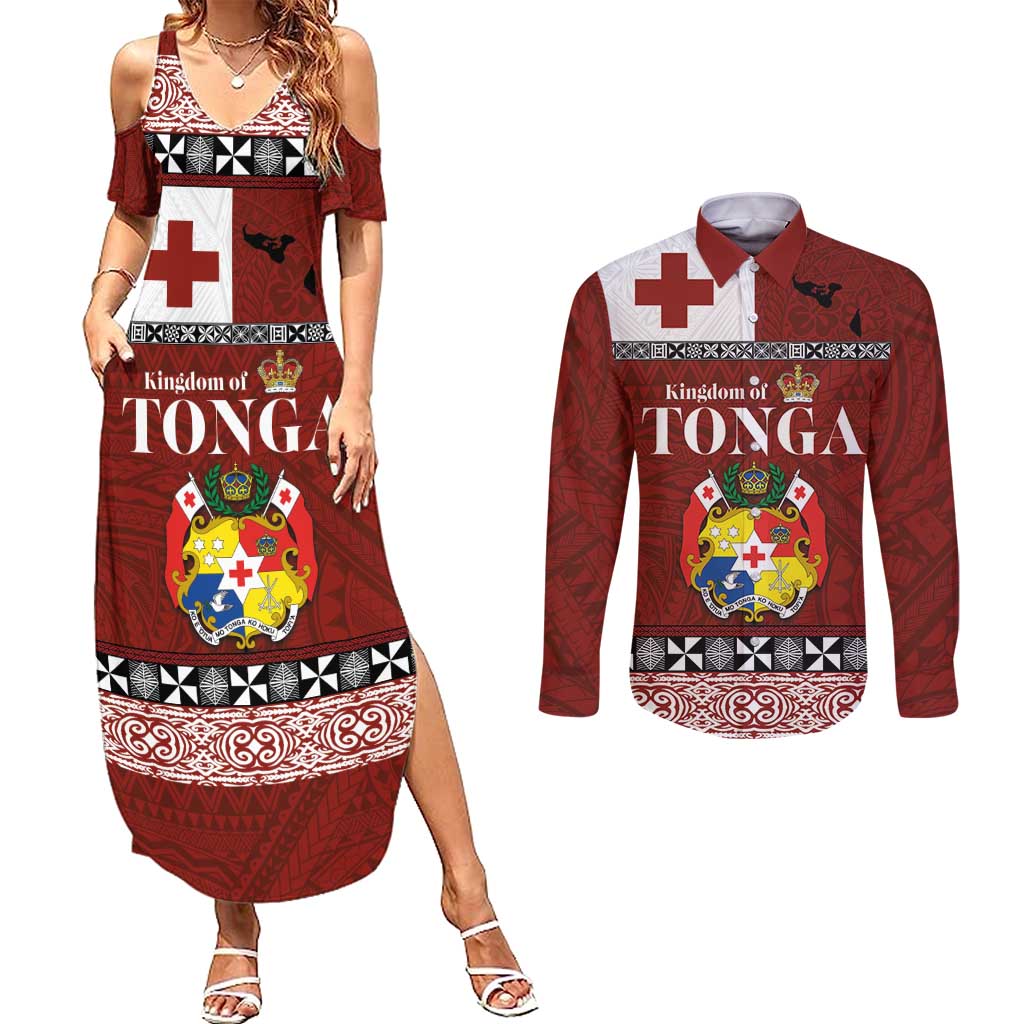 Tongan Culture Couples Matching Summer Maxi Dress and Long Sleeve Button Shirt Ngatu Art Tattoo and Emblem of Tonga LT03 Red - Polynesian Pride