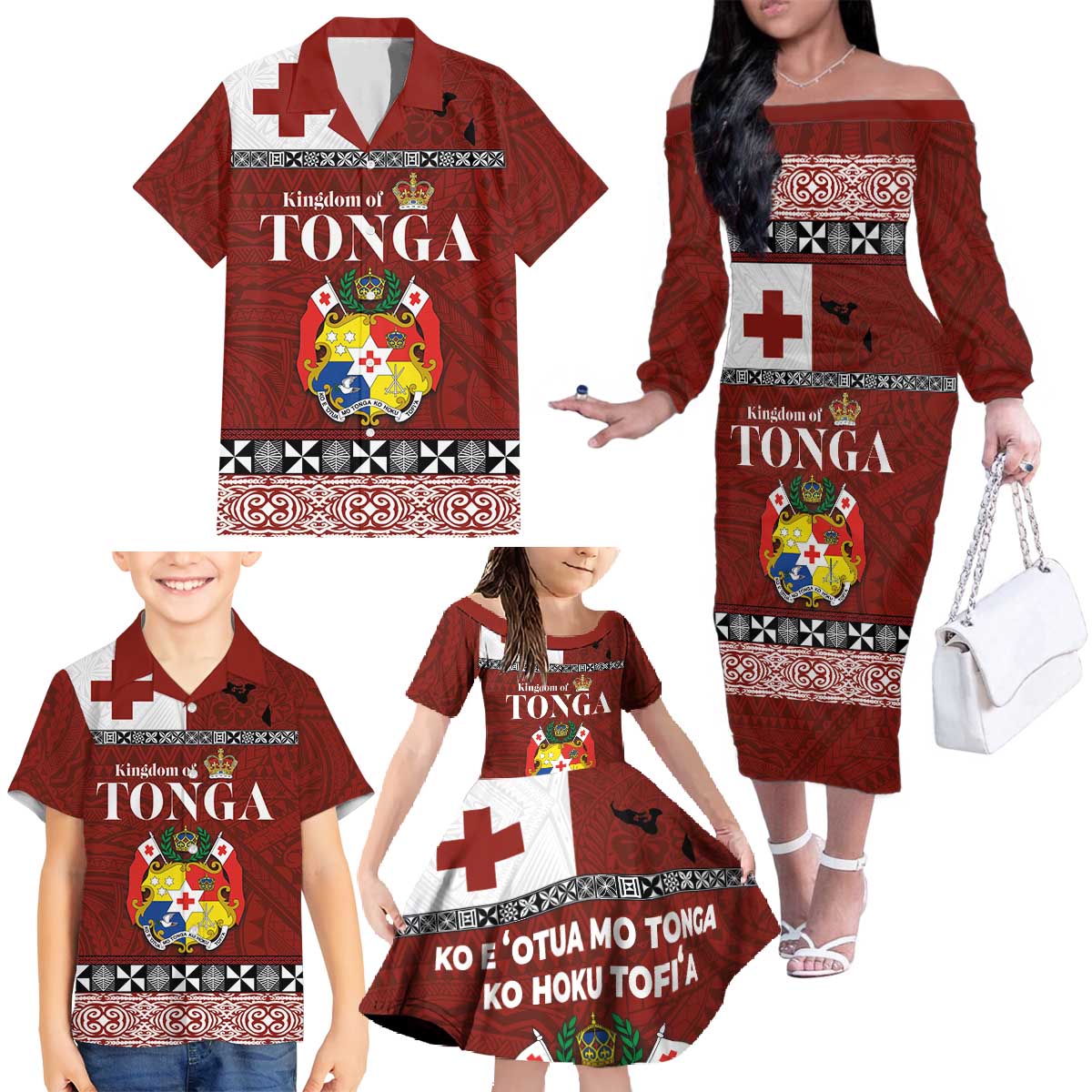 Tongan Culture Family Matching Off The Shoulder Long Sleeve Dress and Hawaiian Shirt Ngatu Art Tattoo and Emblem of Tonga LT03 - Polynesian Pride