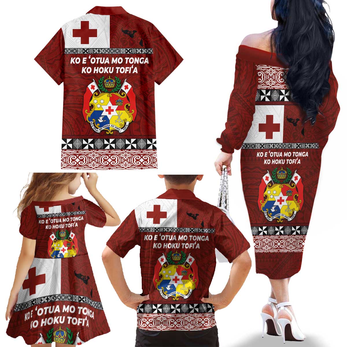 Tongan Culture Family Matching Off The Shoulder Long Sleeve Dress and Hawaiian Shirt Ngatu Art Tattoo and Emblem of Tonga LT03 - Polynesian Pride