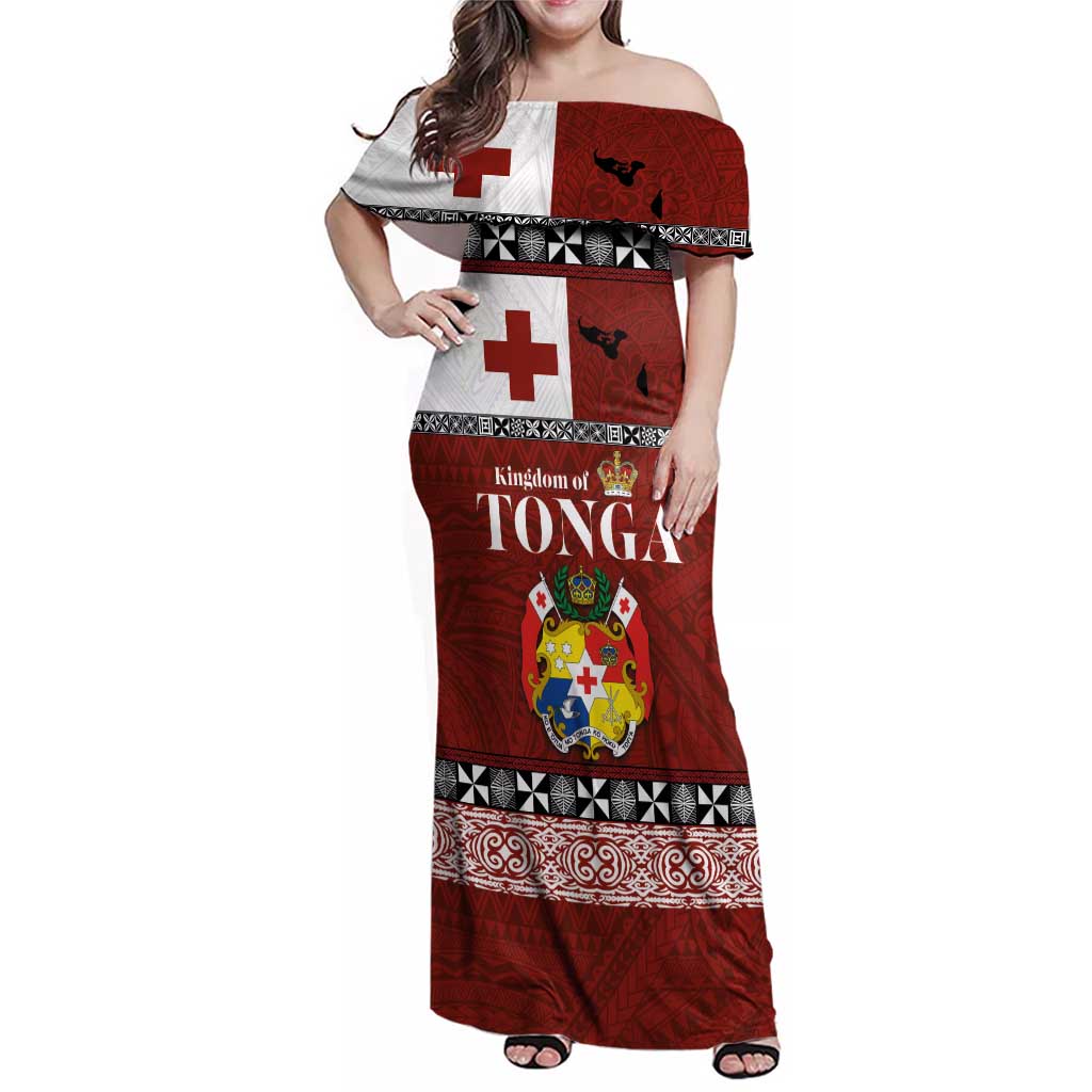 Tongan Culture Family Matching Off Shoulder Maxi Dress and Hawaiian Shirt Ngatu Art Tattoo and Emblem of Tonga LT03 Mom's Dress Red - Polynesian Pride