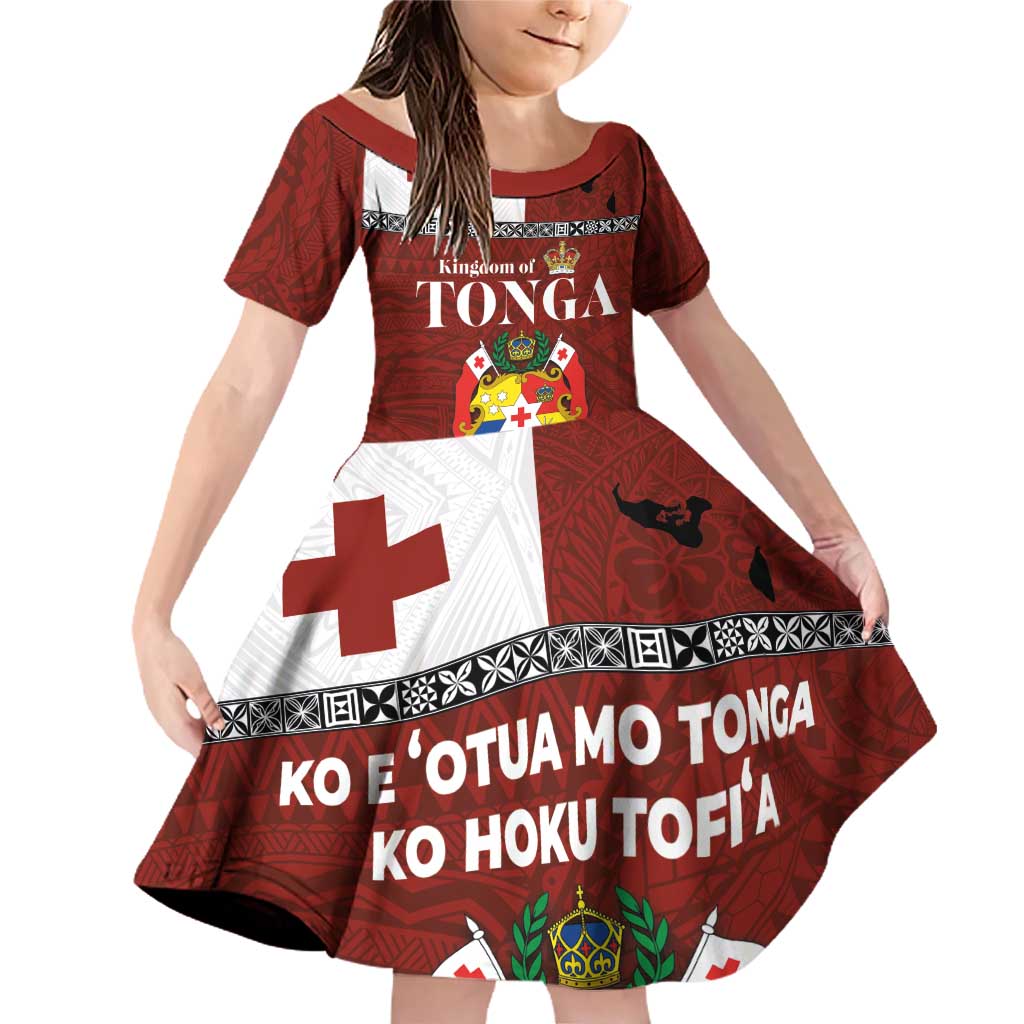 Tongan Culture Family Matching Off Shoulder Short Dress and Hawaiian Shirt Ngatu Art Tattoo and Emblem of Tonga LT03 Daughter's Dress Red - Polynesian Pride