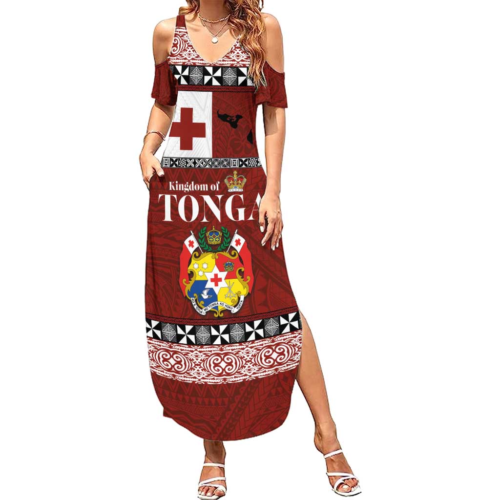 Tongan Culture Family Matching Summer Maxi Dress and Hawaiian Shirt Ngatu Art Tattoo and Emblem of Tonga LT03 Mom's Dress Red - Polynesian Pride
