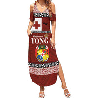 Tongan Culture Family Matching Summer Maxi Dress and Hawaiian Shirt Ngatu Art Tattoo and Emblem of Tonga LT03 Mom's Dress Red - Polynesian Pride