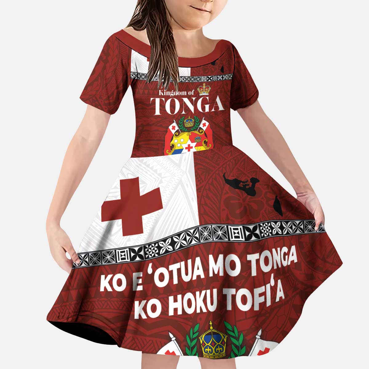 Tongan Culture Kid Short Sleeve Dress Ngatu Art Tattoo and Emblem of Tonga LT03 KID Red - Polynesian Pride