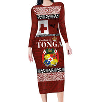 Tongan Culture Long Sleeve Bodycon Dress Ngatu Art Tattoo and Emblem of Tonga LT03 Long Dress Red - Polynesian Pride