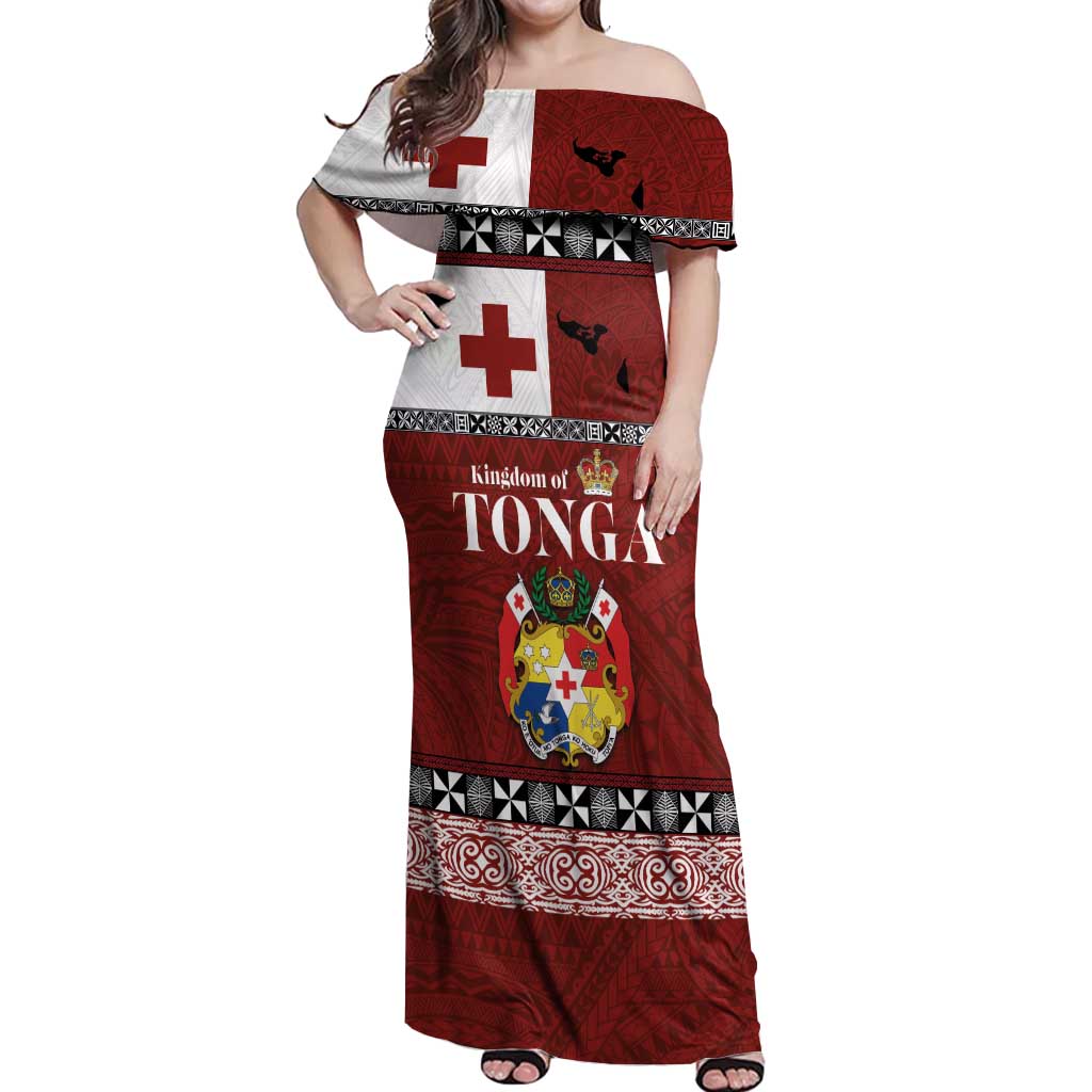 Tongan Culture Off Shoulder Maxi Dress Ngatu Art Tattoo and Emblem of Tonga LT03 Women Red - Polynesian Pride
